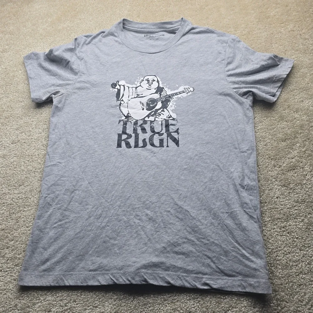 True Religion Mens Buddha Guitar Graphic T-Shirt Gray Short Sleeve Small